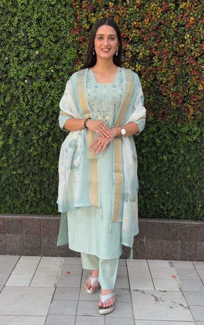 Designers Kurta Pent Set, Premium Roman Silk & Kurta Full Inner Cotton with Hand Work Neckline, Dupatta Heavy Chanderi jacquard With Digital Print With Latkan
