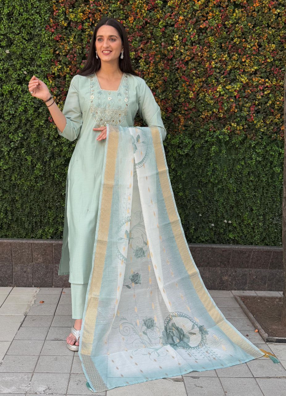 Designers Kurta Pent Set, Premium Roman Silk & Kurta Full Inner Cotton with Hand Work Neckline, Dupatta Heavy Chanderi jacquard With Digital Print With Latkan