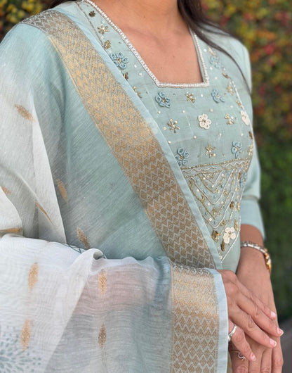 Designers Kurta Pent Set, Premium Roman Silk & Kurta Full Inner Cotton with Hand Work Neckline, Dupatta Heavy Chanderi jacquard With Digital Print With Latkan