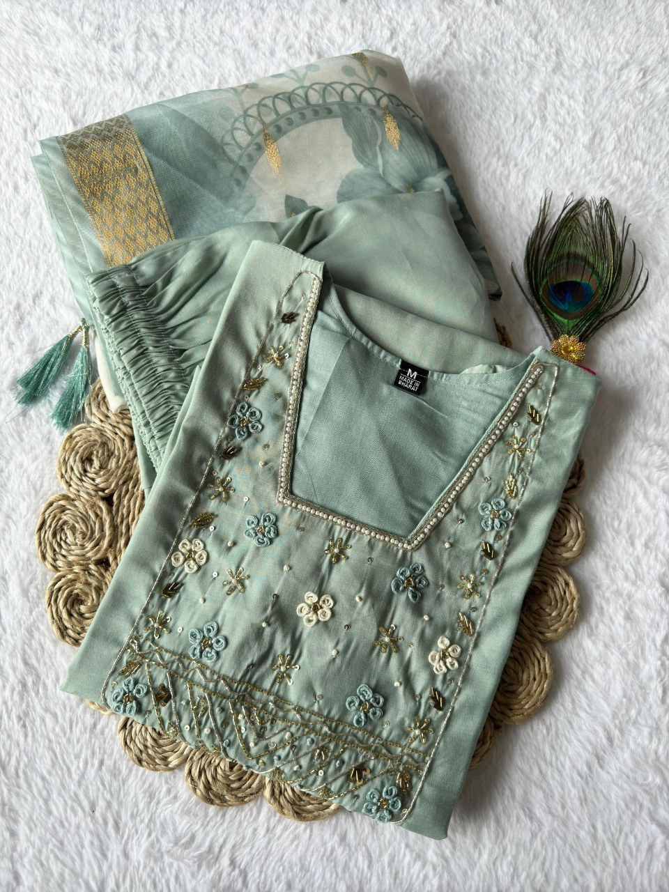 Designers Kurta Pent Set, Premium Roman Silk & Kurta Full Inner Cotton with Hand Work Neckline, Dupatta Heavy Chanderi jacquard With Digital Print With Latkan