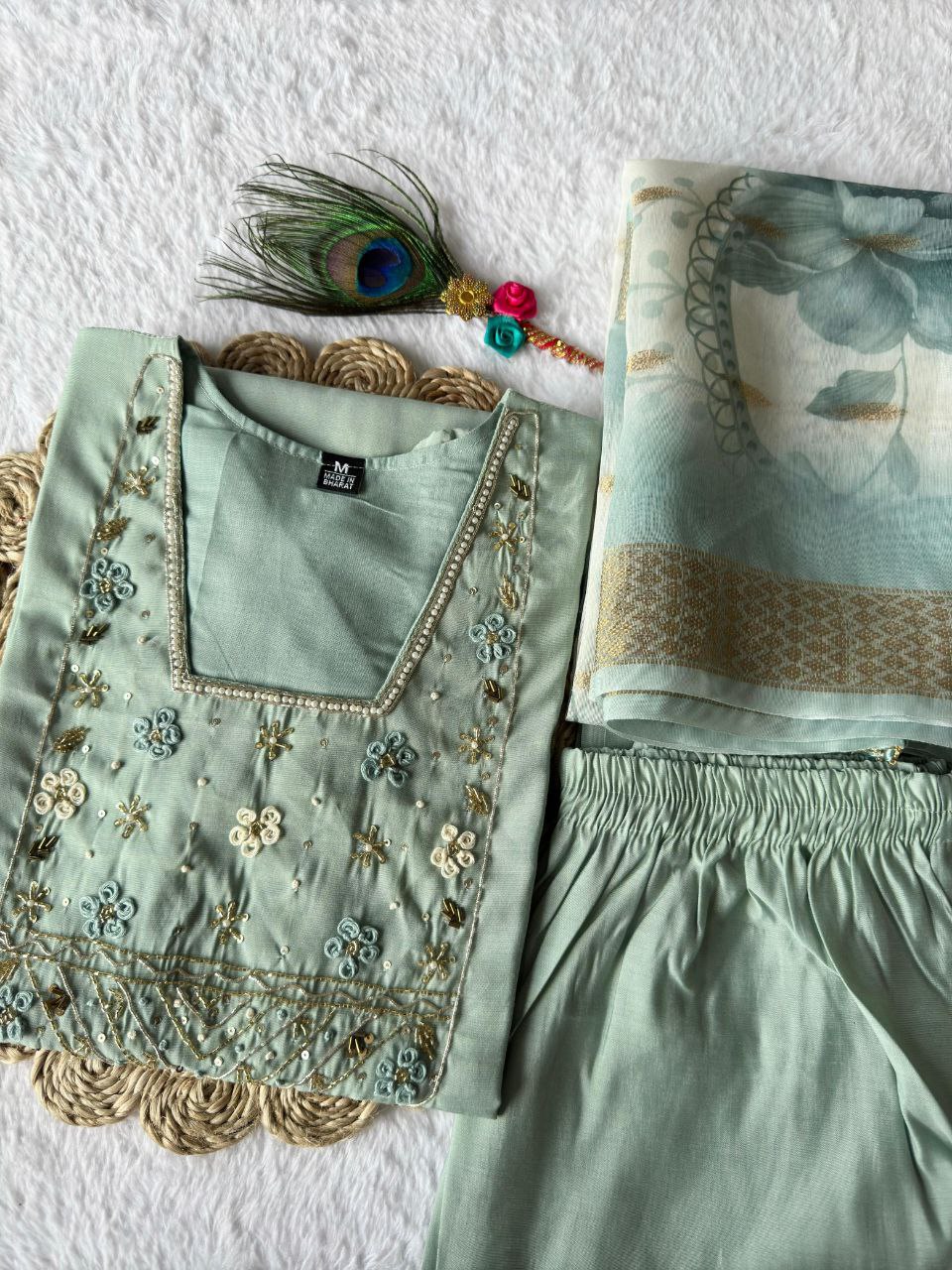 Designers Kurta Pent Set, Premium Roman Silk & Kurta Full Inner Cotton with Hand Work Neckline, Dupatta Heavy Chanderi jacquard With Digital Print With Latkan