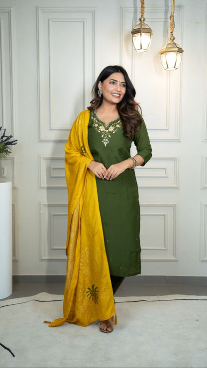Designers Kurta Pent Set, Premium Roman Silk & Kurta Full Inner Cotton with Hand Work Neckline, Dupatta Heavy Quality Nylon Muslin jacquard With Latkan
