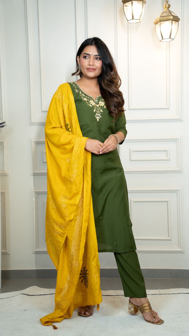 Designers Kurta Pent Set, Premium Roman Silk & Kurta Full Inner Cotton with Hand Work Neckline, Dupatta Heavy Quality Nylon Muslin jacquard With Latkan