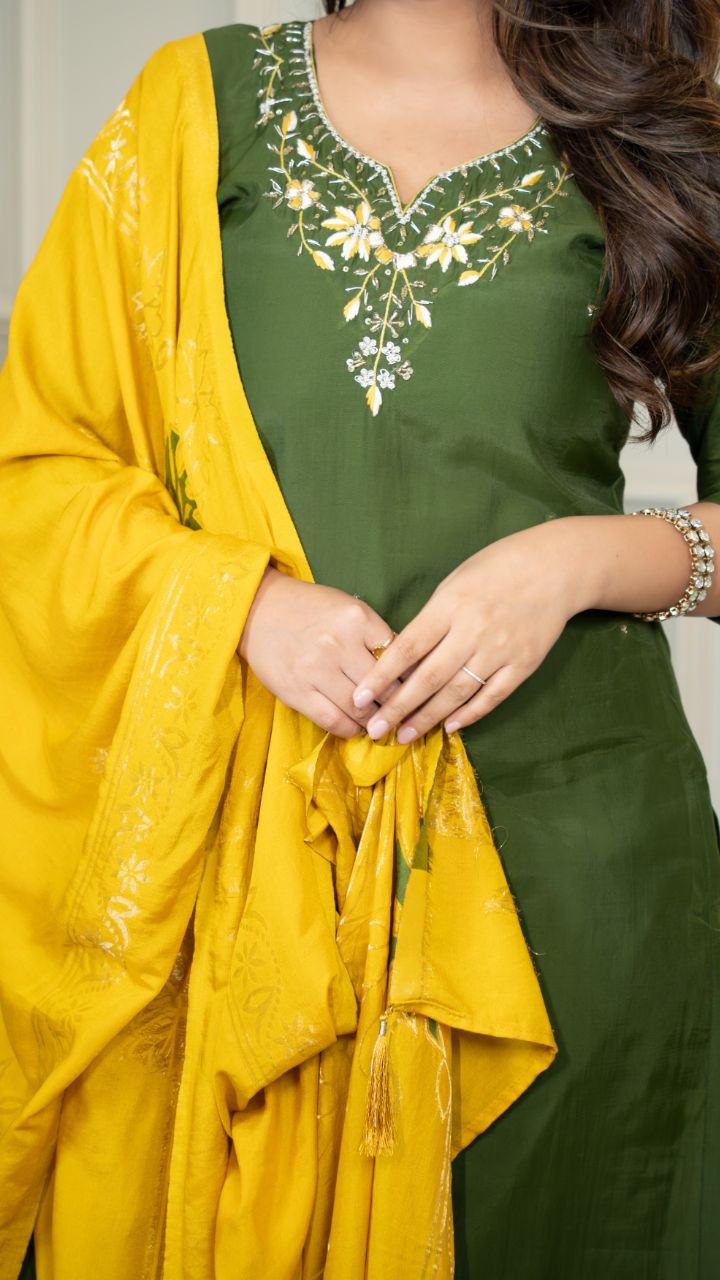 Designers Kurta Pent Set, Premium Roman Silk & Kurta Full Inner Cotton with Hand Work Neckline, Dupatta Heavy Quality Nylon Muslin jacquard With Latkan