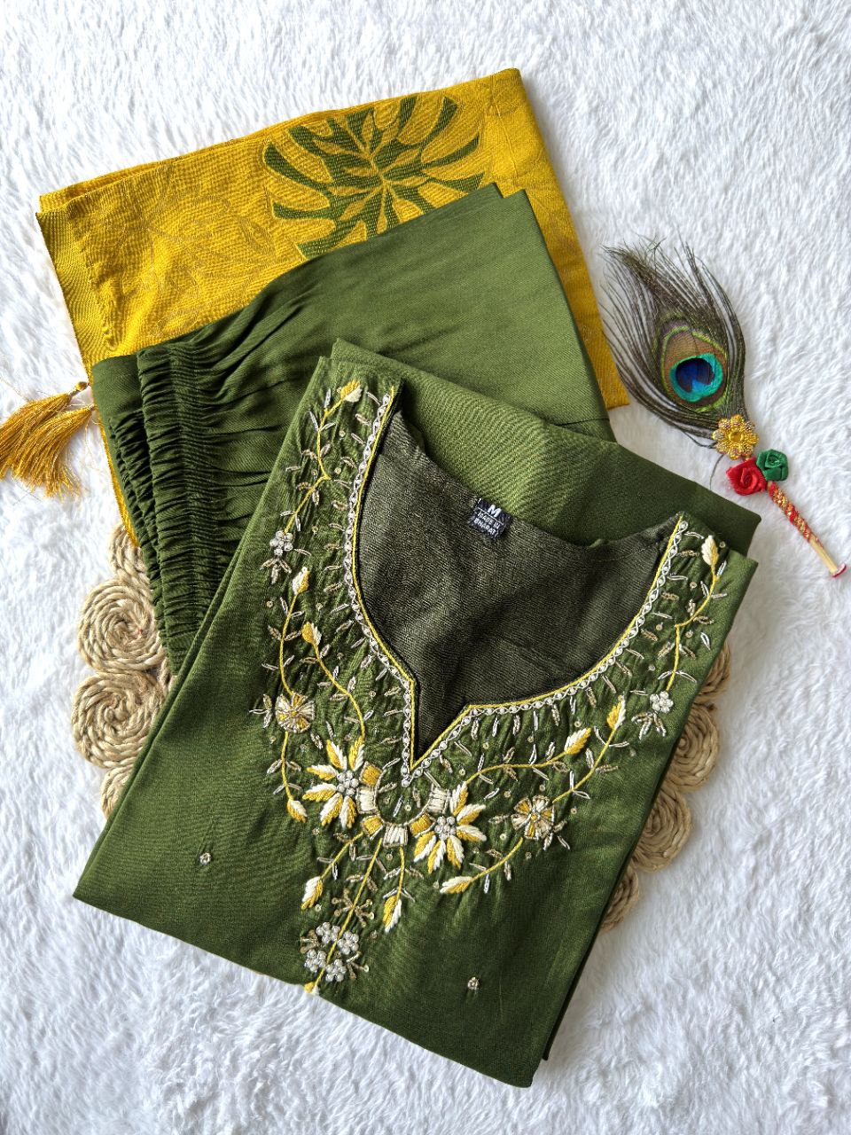 Designers Kurta Pent Set, Premium Roman Silk & Kurta Full Inner Cotton with Hand Work Neckline, Dupatta Heavy Quality Nylon Muslin jacquard With Latkan