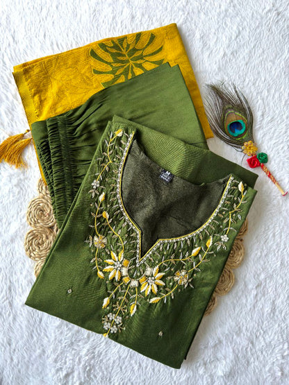 Designers Kurta Pent Set, Premium Roman Silk & Kurta Full Inner Cotton with Hand Work Neckline, Dupatta Heavy Quality Nylon Muslin jacquard With Latkan