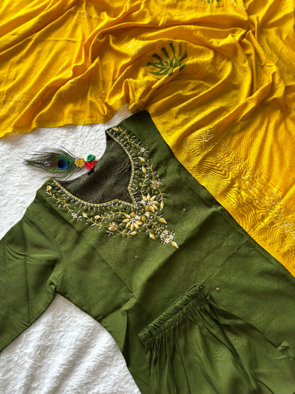 Designers Kurta Pent Set, Premium Roman Silk & Kurta Full Inner Cotton with Hand Work Neckline, Dupatta Heavy Quality Nylon Muslin jacquard With Latkan