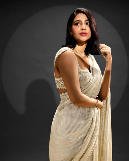 Heavy Georgette Saree with Multi Sequins Embroidery & Lace Border, Mono Silk Blouse with Heavy Front & Back Work – Party & Wedding Wear