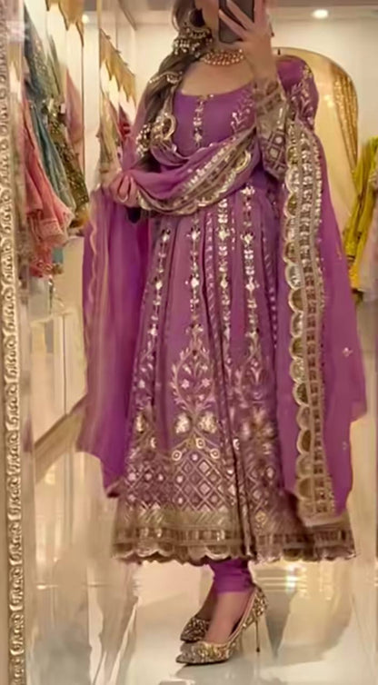 Women's Anarkali Suit Set Heavy Chinnon Silk with Sequins & Embroidery, Full Sleeve, Micro Cotton Inner, Matching Pant & Dupatta