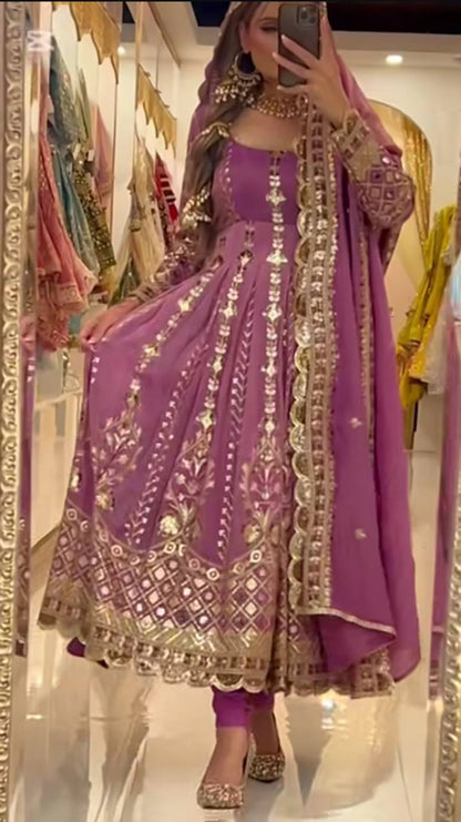 Women's Anarkali Suit Set Heavy Chinnon Silk with Sequins & Embroidery, Full Sleeve, Micro Cotton Inner, Matching Pant & Dupatta