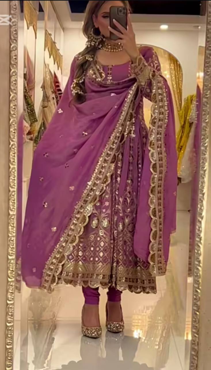 Women's Anarkali Suit Set Heavy Chinnon Silk with Sequins & Embroidery, Full Sleeve, Micro Cotton Inner, Matching Pant & Dupatta