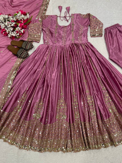 Women's Anarkali Suit Set Heavy Chinnon Silk with Sequins & Embroidery, Full Sleeve, Micro Cotton Inner, Matching Pant & Dupatta