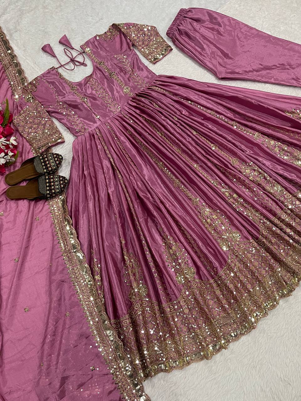 Women's Anarkali Suit Set Heavy Chinnon Silk with Sequins & Embroidery, Full Sleeve, Micro Cotton Inner, Matching Pant & Dupatta