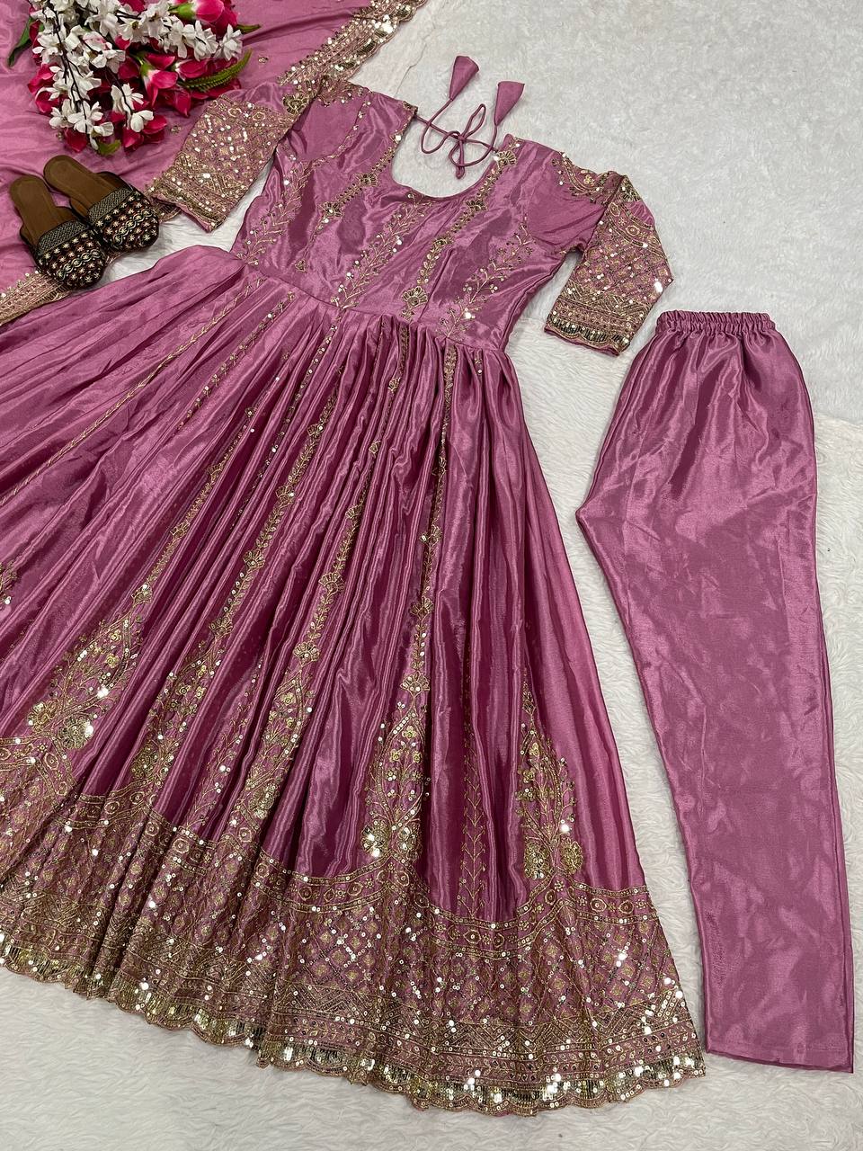 Women's Anarkali Suit Set Heavy Chinnon Silk with Sequins & Embroidery, Full Sleeve, Micro Cotton Inner, Matching Pant & Dupatta