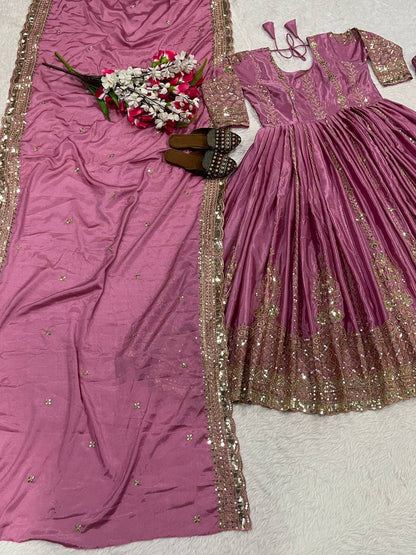 Women's Anarkali Suit Set Heavy Chinnon Silk with Sequins & Embroidery, Full Sleeve, Micro Cotton Inner, Matching Pant & Dupatta