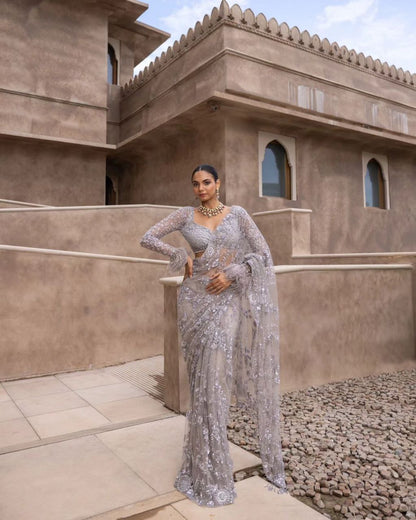 Designer Mono Net Saree with Heavy Multi & Sequin Work and Embroidered Blouse – Premium Collection