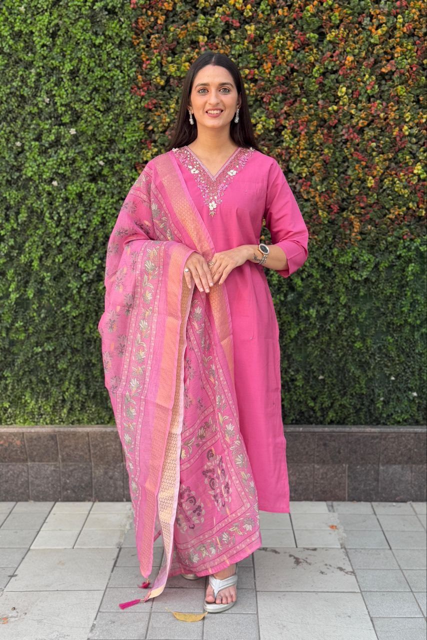 Designers Kurta Pent Set, Premium Roman Silk & Kurta Full Inner Cotton with Hand Work Neckline, Dupatta Heavy Chanderi jacquard With Digital Print With Latkan