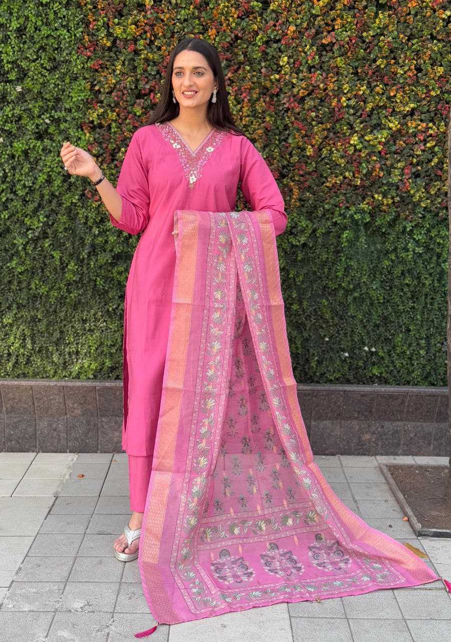 Designers Kurta Pent Set, Premium Roman Silk & Kurta Full Inner Cotton with Hand Work Neckline, Dupatta Heavy Chanderi jacquard With Digital Print With Latkan