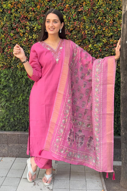 Designers Kurta Pent Set, Premium Roman Silk & Kurta Full Inner Cotton with Hand Work Neckline, Dupatta Heavy Chanderi jacquard With Digital Print With Latkan