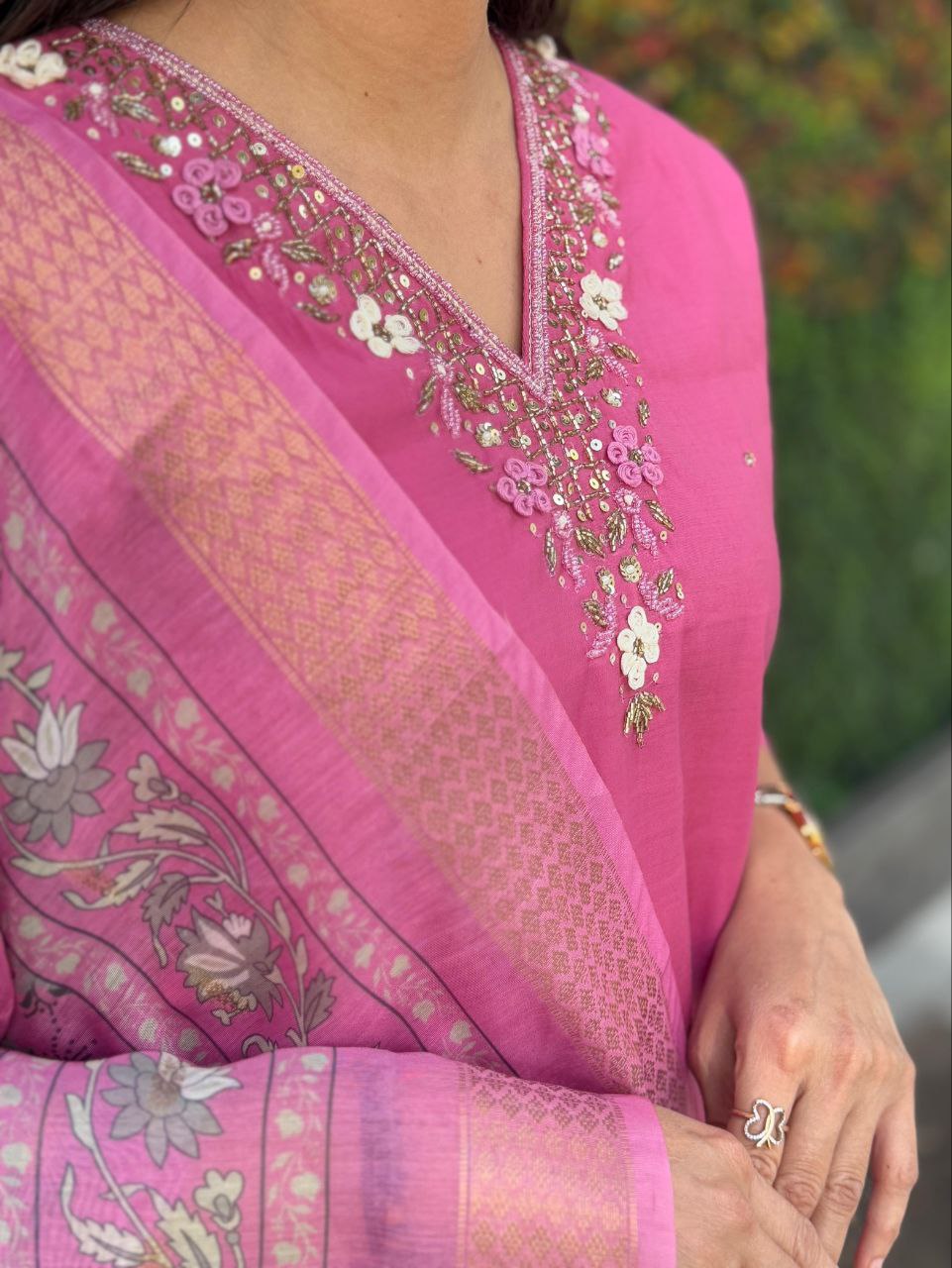 Designers Kurta Pent Set, Premium Roman Silk & Kurta Full Inner Cotton with Hand Work Neckline, Dupatta Heavy Chanderi jacquard With Digital Print With Latkan