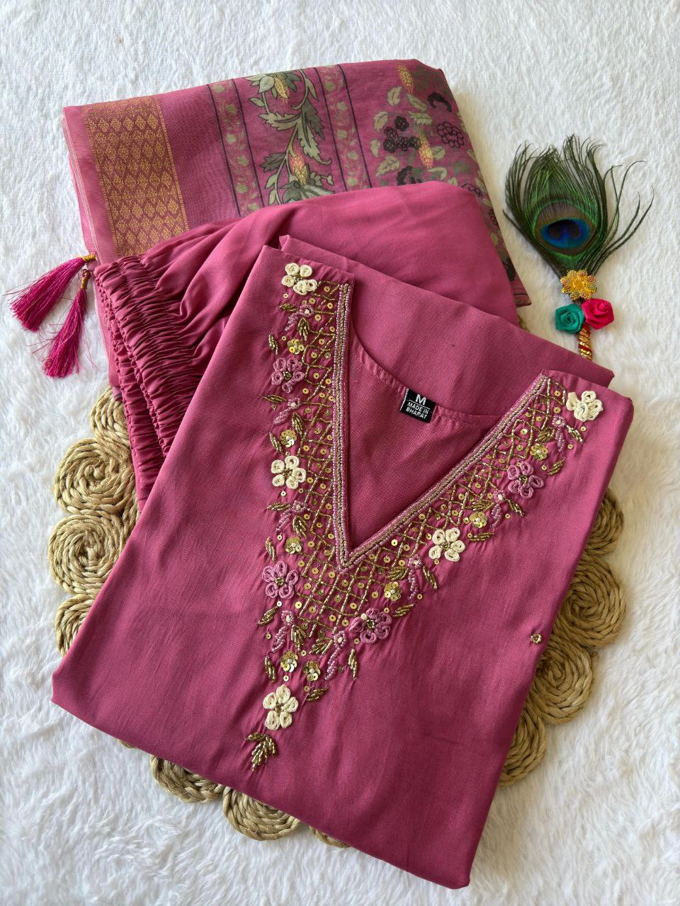 Designers Kurta Pent Set, Premium Roman Silk & Kurta Full Inner Cotton with Hand Work Neckline, Dupatta Heavy Chanderi jacquard With Digital Print With Latkan