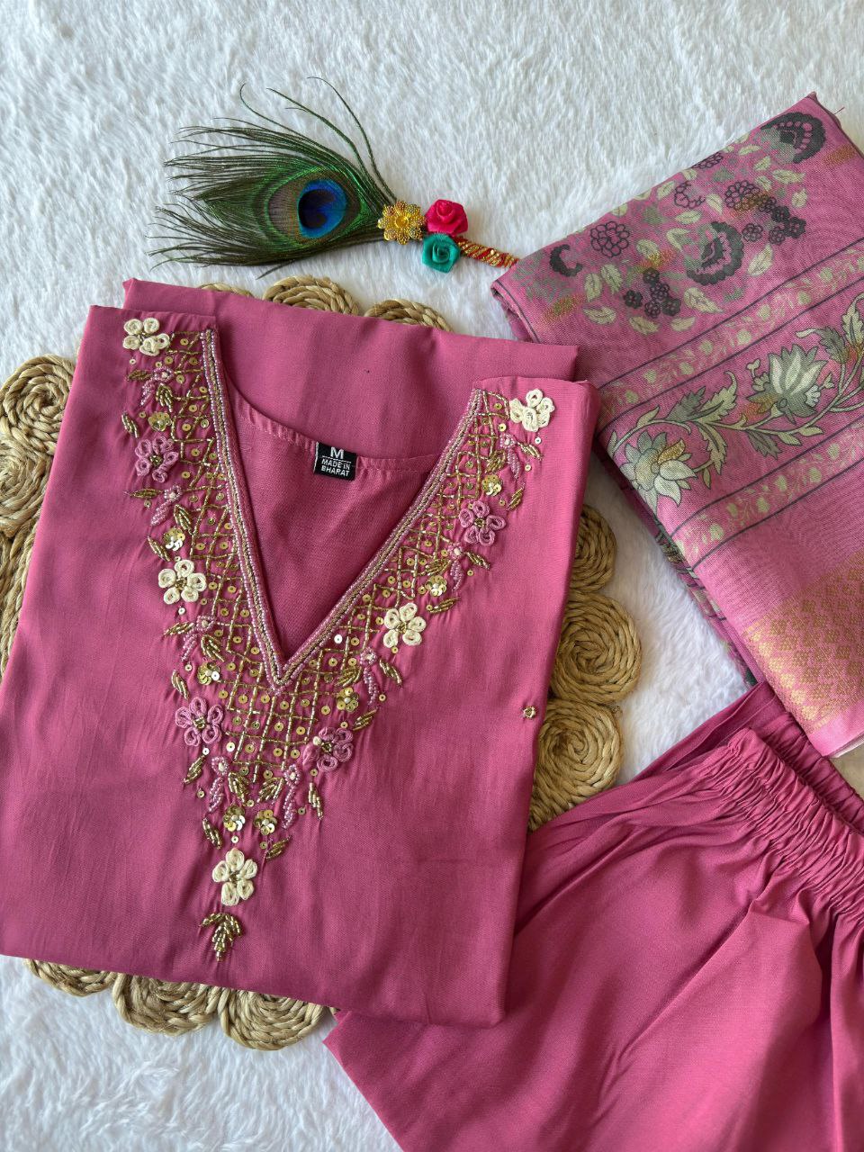 Designers Kurta Pent Set, Premium Roman Silk & Kurta Full Inner Cotton with Hand Work Neckline, Dupatta Heavy Chanderi jacquard With Digital Print With Latkan