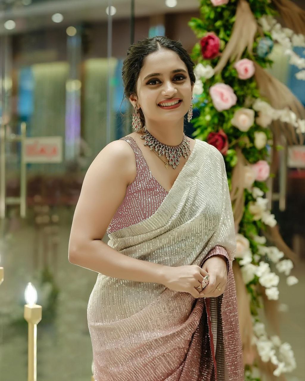 Women’s Georgette Saree 60 GSM with Digital Print & Heavy 3MM Rainbow Sequin Embroidery | Banglori Silk Blouse with Full Sequin Work | Party & Festive Wear