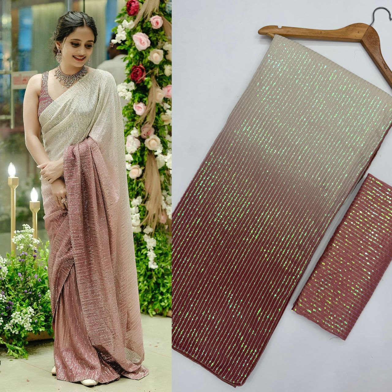 Women’s Georgette Saree 60 GSM with Digital Print & Heavy 3MM Rainbow Sequin Embroidery | Banglori Silk Blouse with Full Sequin Work | Party & Festive Wear