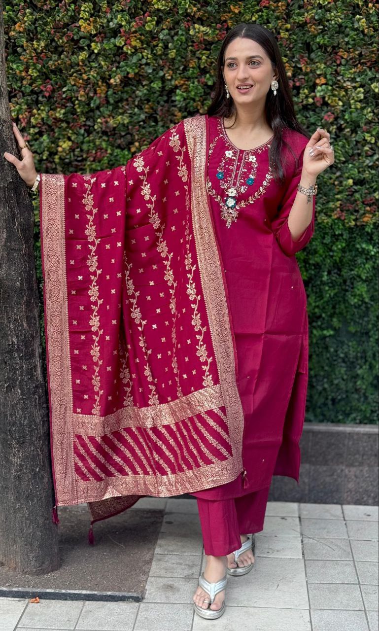 Designers Kurti Pent Dupatta Set, Premium Roman Silk, Dupatta Hevay Quality Nylon Muslin jacquard With Latkan, Hand Work, Cotton Inner (Full)