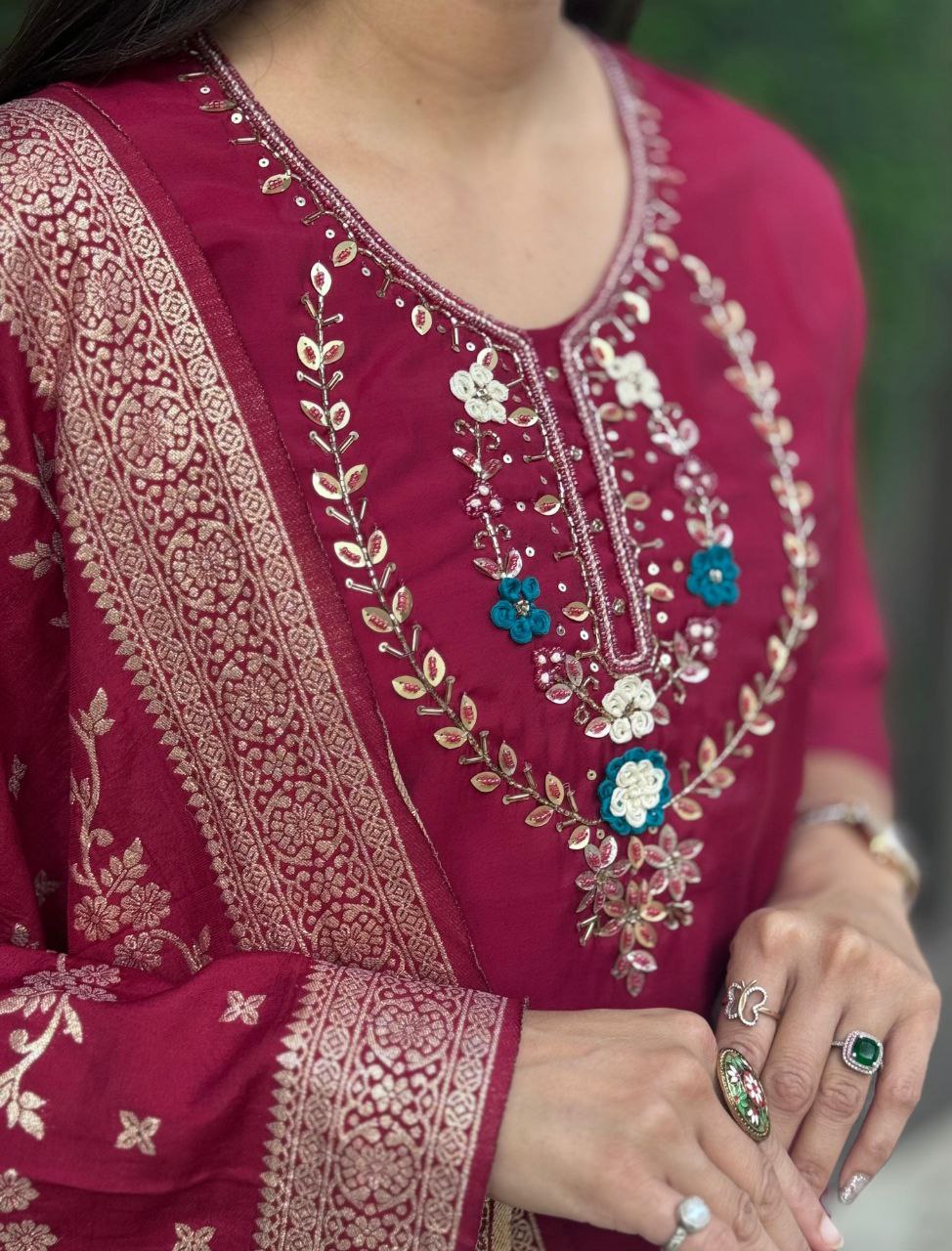 Designers Kurti Pent Dupatta Set, Premium Roman Silk, Dupatta Hevay Quality Nylon Muslin jacquard With Latkan, Hand Work, Cotton Inner (Full)