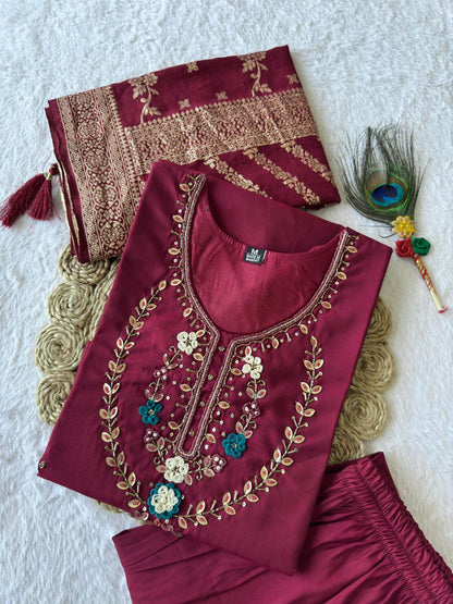 Designers Kurti Pent Dupatta Set, Premium Roman Silk, Dupatta Hevay Quality Nylon Muslin jacquard With Latkan, Hand Work, Cotton Inner (Full)
