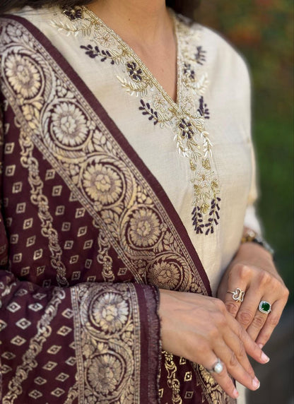 Designers Kurti Pent Dupatta Set,Premium Roman Silk, Cotton Inner (Full), Heavy Quality Nylon Muslin jacquard With Latkan and Hand Work