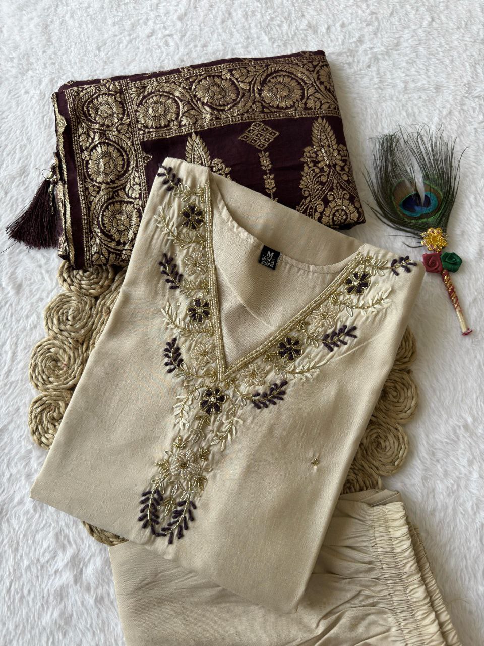 Designers Kurti Pent Dupatta Set,Premium Roman Silk, Cotton Inner (Full), Heavy Quality Nylon Muslin jacquard With Latkan and Hand Work