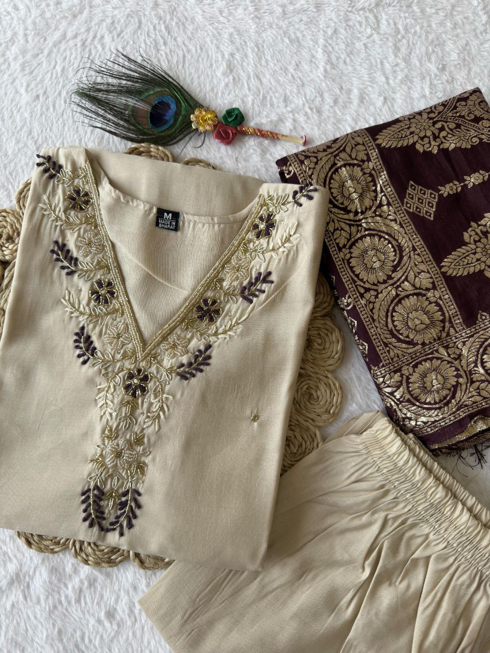 Designers Kurti Pent Dupatta Set,Premium Roman Silk, Cotton Inner (Full), Heavy Quality Nylon Muslin jacquard With Latkan and Hand Work