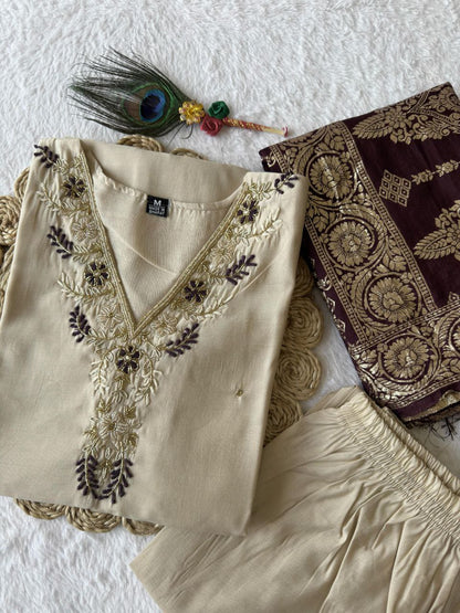 Designers Kurti Pent Dupatta Set,Premium Roman Silk, Cotton Inner (Full), Heavy Quality Nylon Muslin jacquard With Latkan and Hand Work