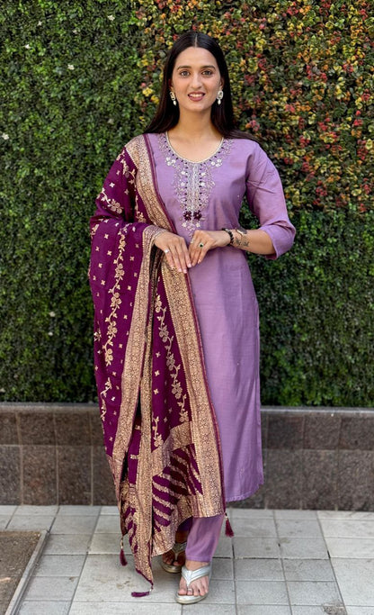 Designers Kurta Pent Set, Premium Roman Silk & Kurta Full Inner Cotton with Hand Work Neckline, Dupatta Heavy Quality Nylon Muslin jacquard With Latkan