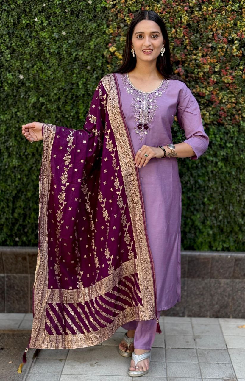 Designers Kurta Pent Set, Premium Roman Silk & Kurta Full Inner Cotton with Hand Work Neckline, Dupatta Heavy Quality Nylon Muslin jacquard With Latkan