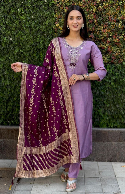 Designers Kurta Pent Set, Premium Roman Silk & Kurta Full Inner Cotton with Hand Work Neckline, Dupatta Heavy Quality Nylon Muslin jacquard With Latkan
