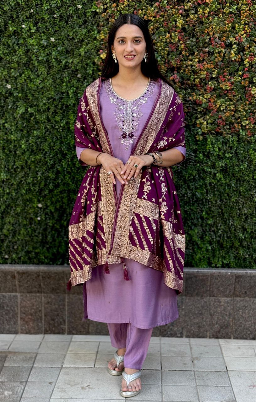 Designers Kurta Pent Set, Premium Roman Silk & Kurta Full Inner Cotton with Hand Work Neckline, Dupatta Heavy Quality Nylon Muslin jacquard With Latkan