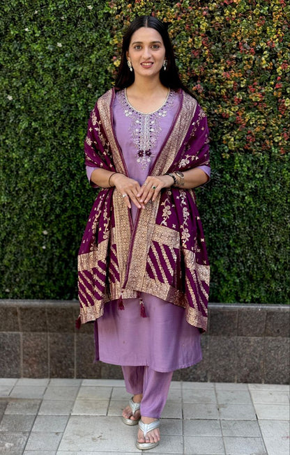 Designers Kurta Pent Set, Premium Roman Silk & Kurta Full Inner Cotton with Hand Work Neckline, Dupatta Heavy Quality Nylon Muslin jacquard With Latkan