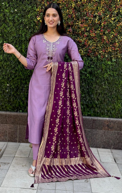 Designers Kurta Pent Set, Premium Roman Silk & Kurta Full Inner Cotton with Hand Work Neckline, Dupatta Heavy Quality Nylon Muslin jacquard With Latkan