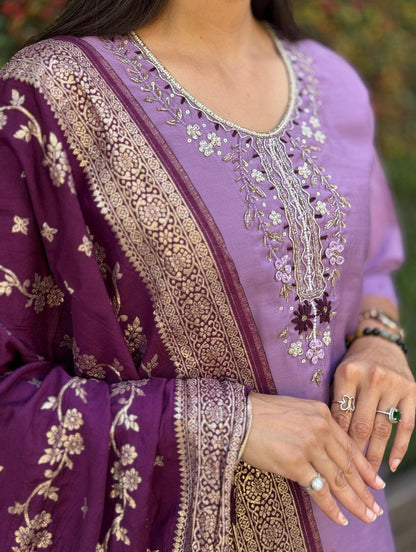 Designers Kurta Pent Set, Premium Roman Silk & Kurta Full Inner Cotton with Hand Work Neckline, Dupatta Heavy Quality Nylon Muslin jacquard With Latkan