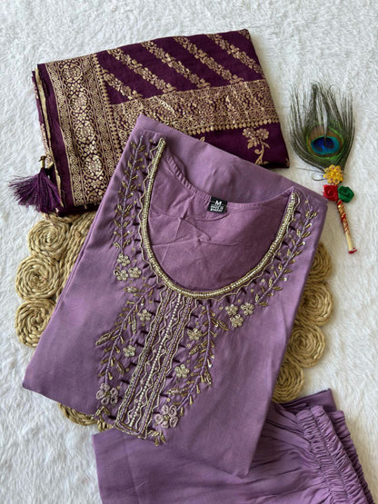 Designers Kurta Pent Set, Premium Roman Silk & Kurta Full Inner Cotton with Hand Work Neckline, Dupatta Heavy Quality Nylon Muslin jacquard With Latkan