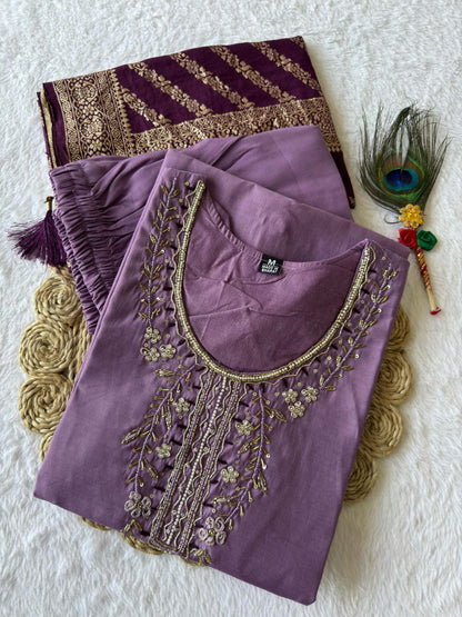 Designers Kurta Pent Set, Premium Roman Silk & Kurta Full Inner Cotton with Hand Work Neckline, Dupatta Heavy Quality Nylon Muslin jacquard With Latkan
