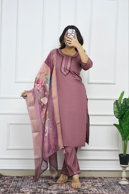 Designers Kurti Pent Dupatta Set, Premium Roman Silk, Dupatta Hevay Chanderi With Digital Print With Latkan and Kurta Embroidery MultI Work with Cotton Inner (Full)