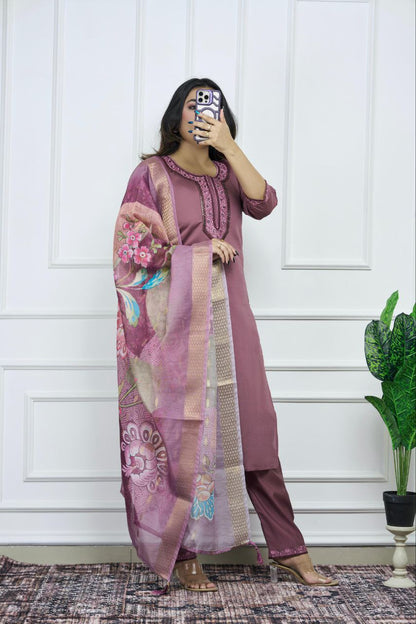 Designers Kurti Pent Dupatta Set, Premium Roman Silk, Dupatta Hevay Chanderi With Digital Print With Latkan and Kurta Embroidery MultI Work with Cotton Inner (Full)