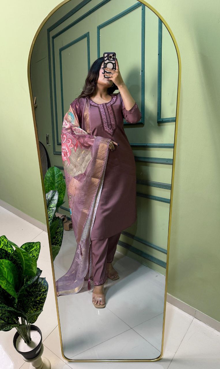 Designers Kurti Pent Dupatta Set, Premium Roman Silk, Dupatta Hevay Chanderi With Digital Print With Latkan and Kurta Embroidery MultI Work with Cotton Inner (Full)