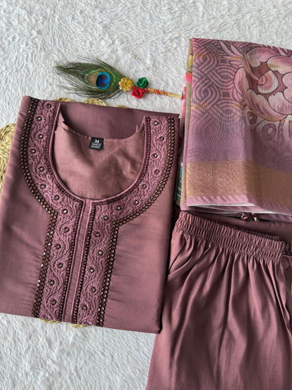 Designers Kurti Pent Dupatta Set, Premium Roman Silk, Dupatta Hevay Chanderi With Digital Print With Latkan and Kurta Embroidery MultI Work with Cotton Inner (Full)