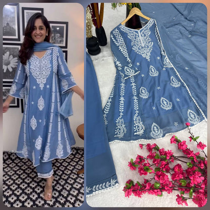 Elegant Pure Faux Georgette Silk Top & Plazzo Set with Dupatta – Multi-Needle Sequins Embroidery