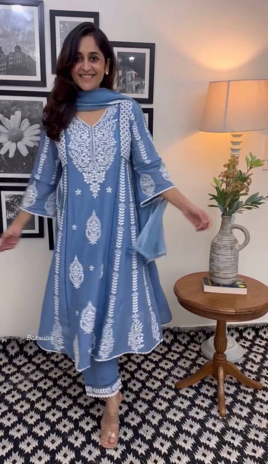 Elegant Pure Faux Georgette Silk Top & Plazzo Set with Dupatta – Multi-Needle Sequins Embroidery